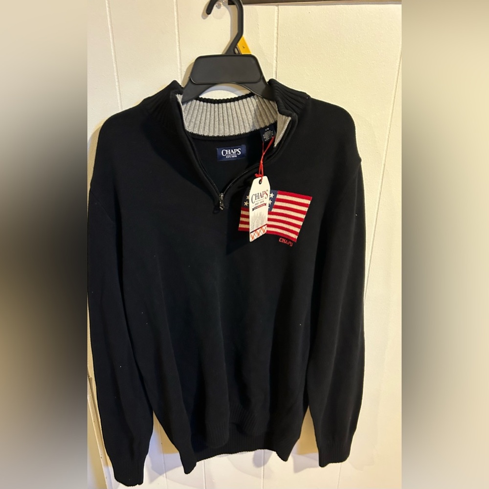 Chaps Black Zip-Up Sweater with Flag Patch - Picture 2 of 8